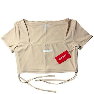 Full Send Nelk Boys Crop Top Tie Back‎ Square Neck Short Sleeve Beige Shirt